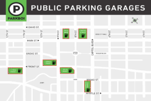 Map of available EV charging stations in ParkBOI garages
